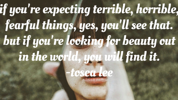 if you're expecting terrible, horrible,  fearful things, yes, you'll see that.  but if you're looking for beauty out  in the world, you will find it. -tosca lee